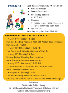 Programs Each Weekday from 1:00 PM to 4:00 PM: Make-It Mondays, Take-It Tuesdays, Wednesday Wonders, Thursday Talents, and Fun Friday. There will be Saturday Storytimes from 10-11 AM. Notable events: July 8th (Tuesday) 1-4pm Summer Reading Program Kick off Party! July 17th (Thursday) 1- 1:45 PM The Magic and Comedy stylings of Don B. July 21st (Monday) 4-5pm Dianne Totten Weaving Presentation. July 23rd (Wednesday) 2:00 PM Science Heroes – A Fun and Educational Show. August 8th (Friday) 1-4PM Summer Reading Program Grand Finale!